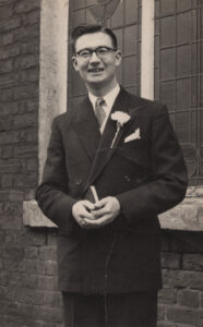 Marcus Alwyn Pattern on the day of his wedding to Olive Petch on 5 April 1958.
